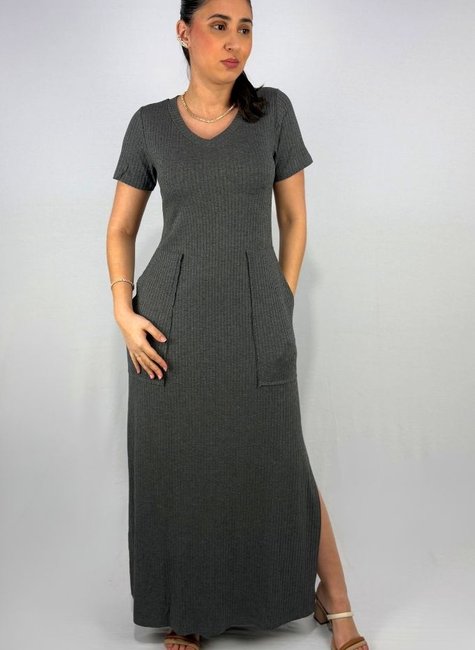 Vestido Longo Canelado Com Bolso Mescla Escuro